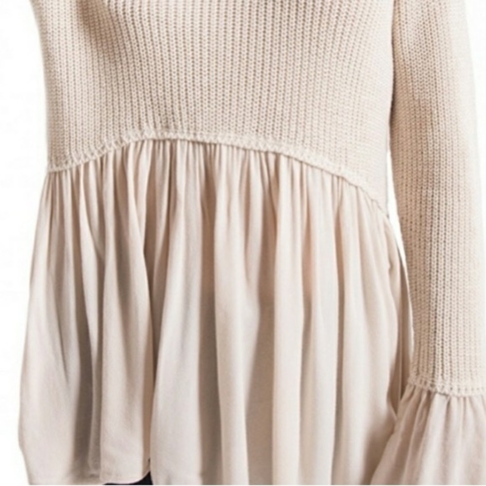 Rag Poet Cotton Blend Textured Knit Vesta Peplum Sweater V Neck Pullover Sweater